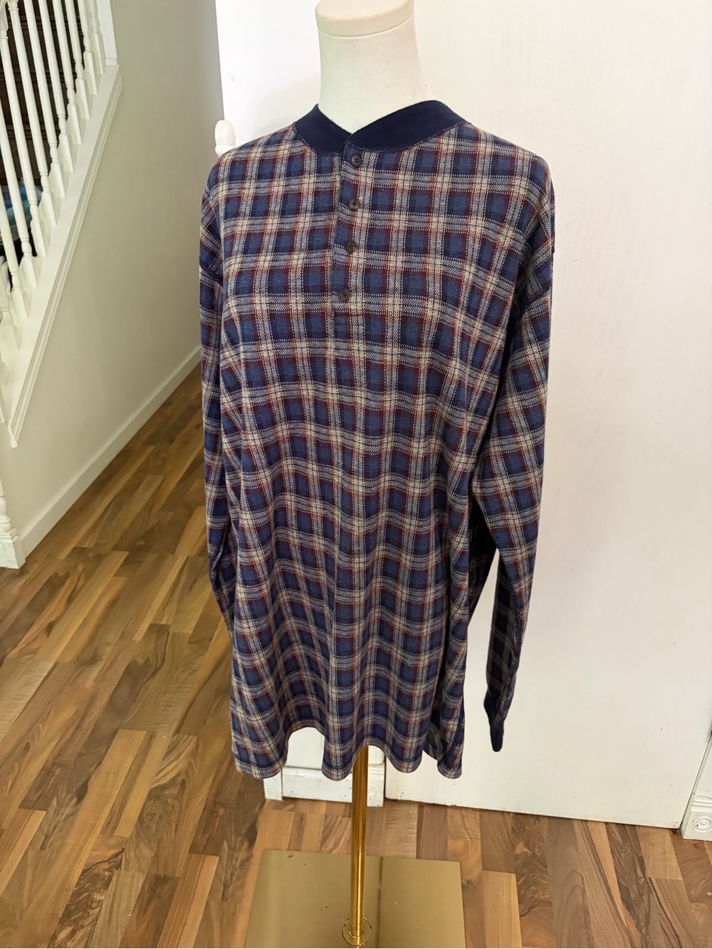 Vintage L.L. Bean Navy Plaid Long-Sleeve Henley Shirt, XL Tall, Gender Neutral